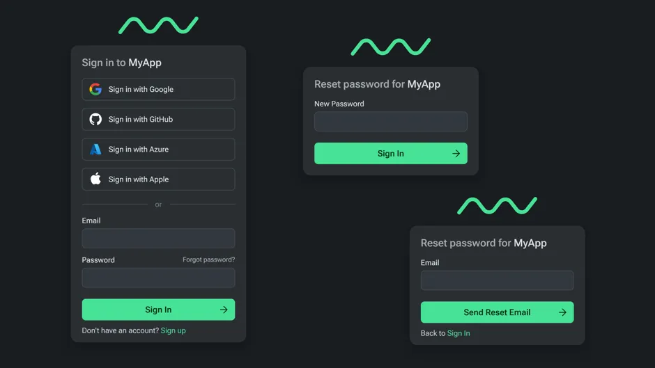 A screenshot showing different versions of the built-in authentication
UI utilizing custom graphics and theme colors with different providers.